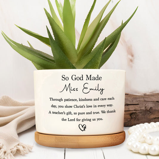So God Made A Teacher With Heart Cross Appreciation Gift - Personalized Ceramic Plant Pot - TEACH103_CEP