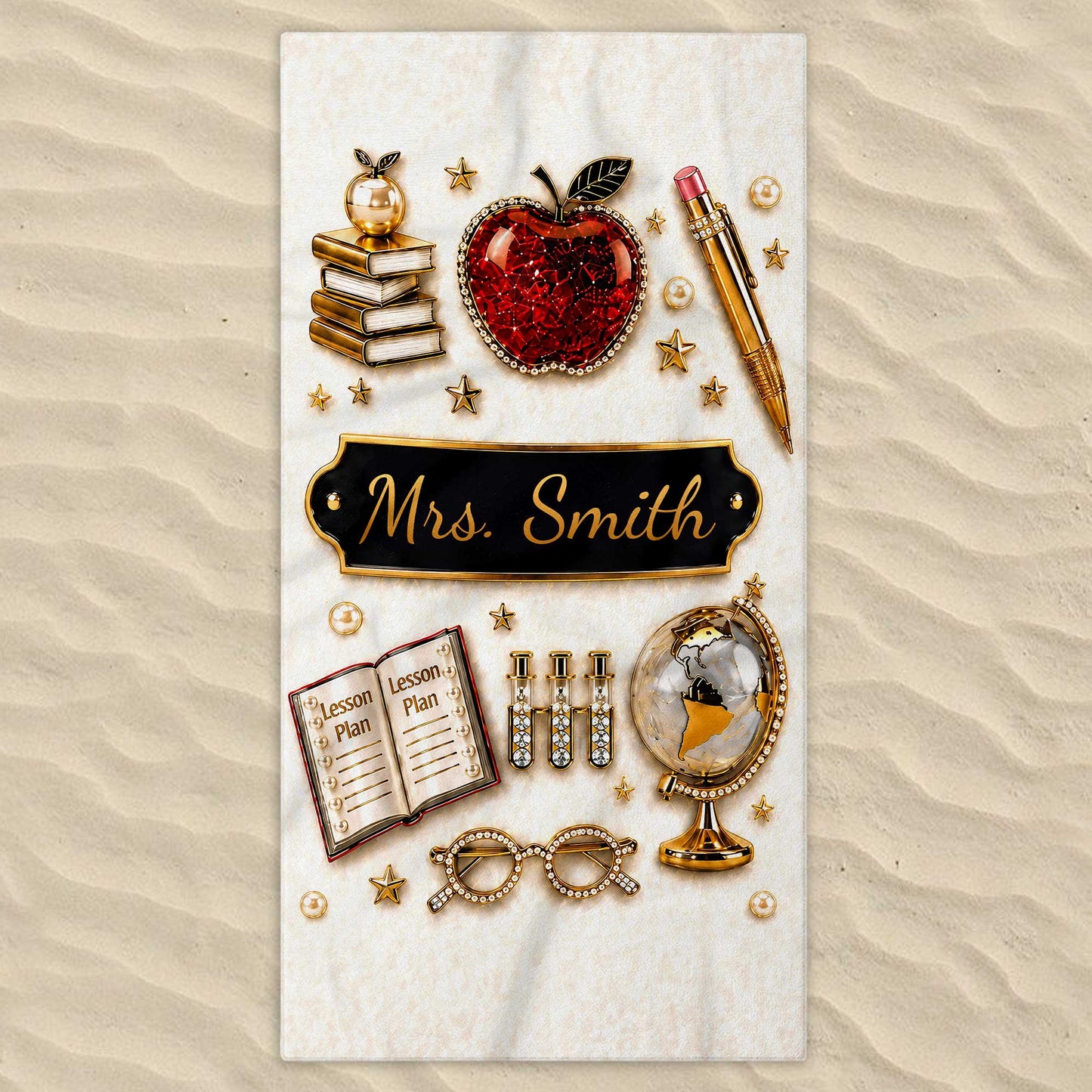 Lesson Plan Apple and Books 3D Jewelry Effect Design - Personalized Beach Towel - TEACH189_BETO
