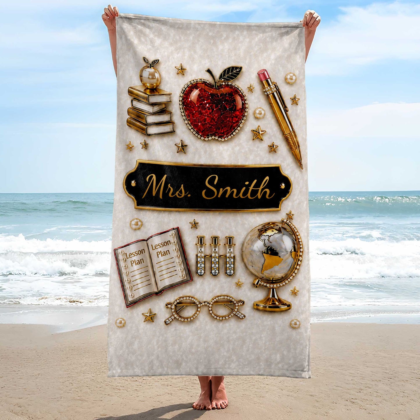 Lesson Plan Apple and Books 3D Jewelry Effect Design - Personalized Beach Towel - TEACH189_BETO