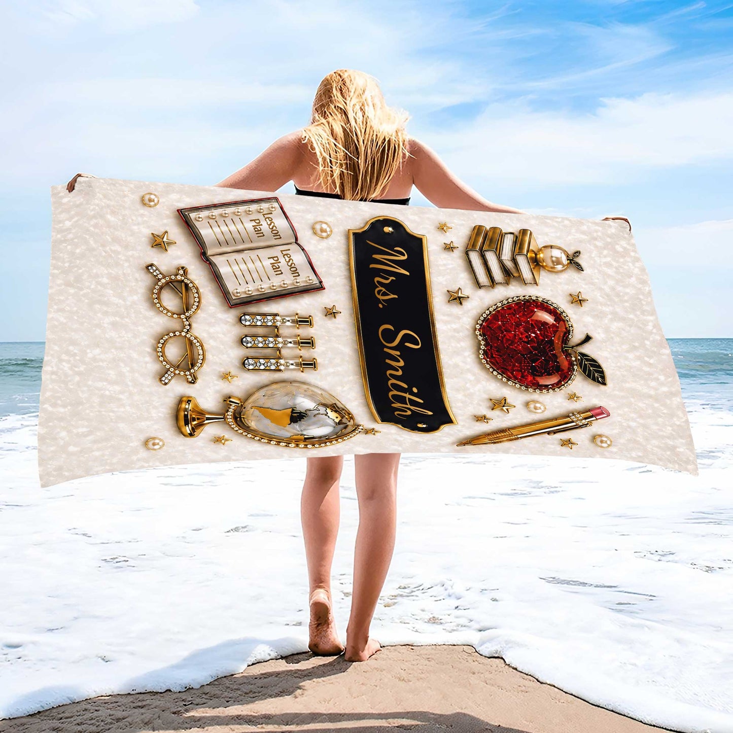 Lesson Plan Apple and Books 3D Jewelry Effect Design - Personalized Beach Towel - TEACH189_BETO