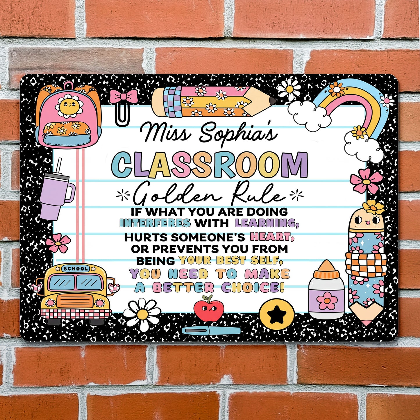 My Classroom Golden Rule With School Bus And Rainbow Decor - Personalized Metal Sign - TEACH263_MSIGN