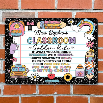 My Classroom Golden Rule With School Bus And Rainbow Decor - Personalized Metal Sign - TEACH263_MSIGN