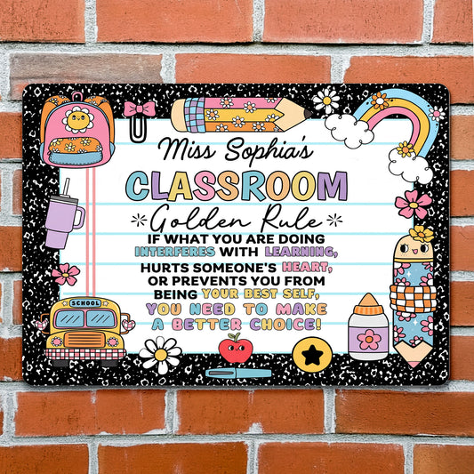 My Classroom Golden Rule With School Bus And Rainbow Decor - Personalized Metal Sign - TEACH263_MSIGN