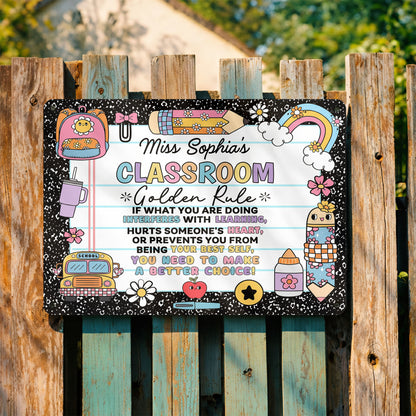 My Classroom Golden Rule With School Bus And Rainbow Decor - Personalized Metal Sign - TEACH263_MSIGN