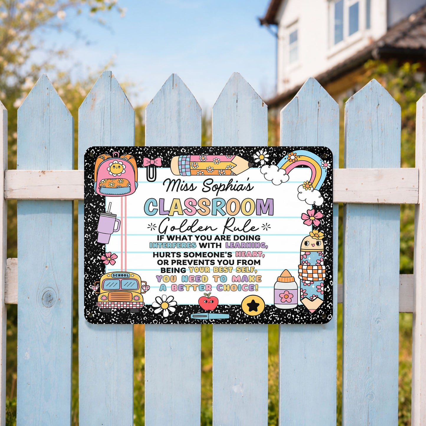 My Classroom Golden Rule With School Bus And Rainbow Decor - Personalized Metal Sign - TEACH263_MSIGN