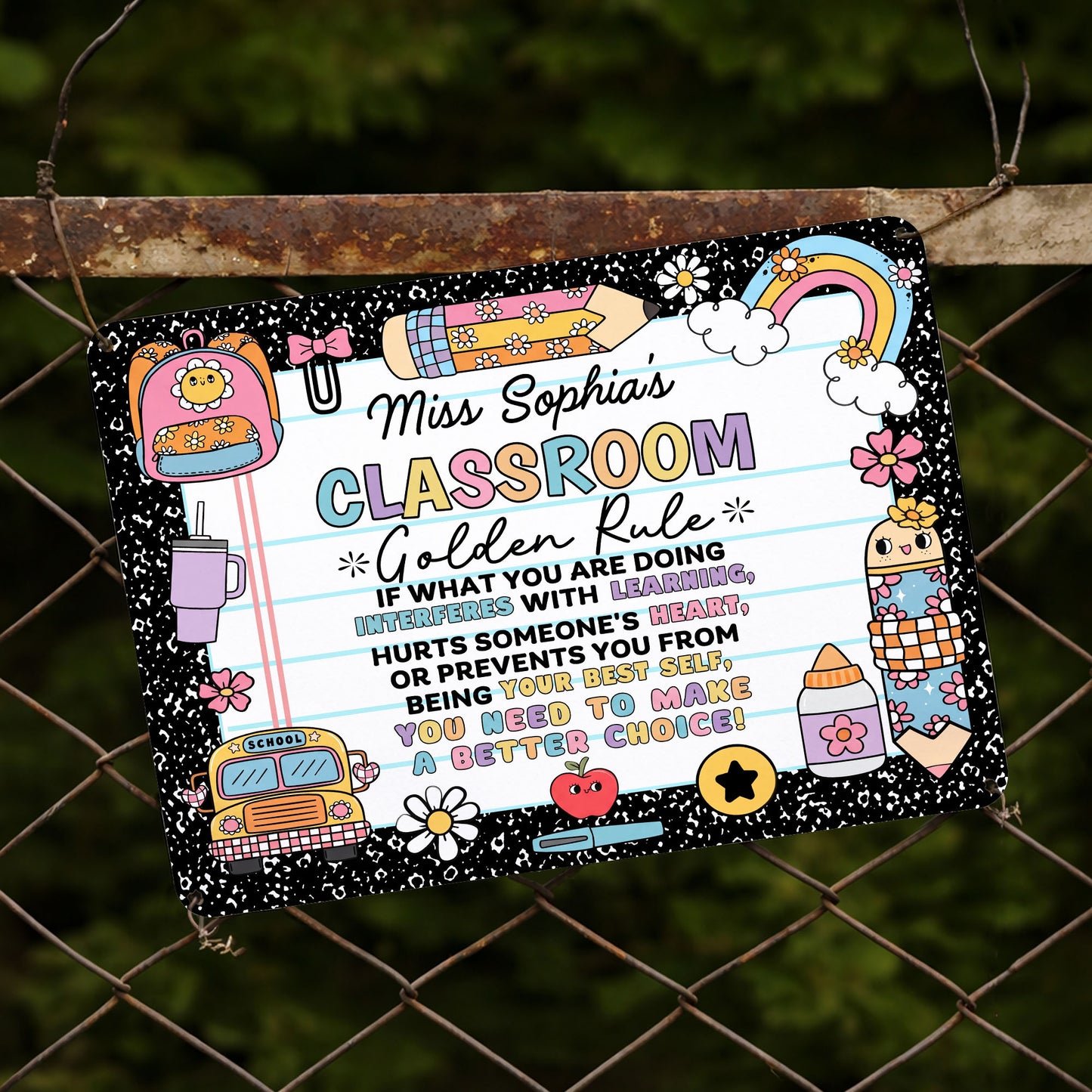 My Classroom Golden Rule With School Bus And Rainbow Decor - Personalized Metal Sign - TEACH263_MSIGN