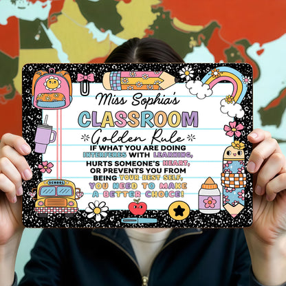 My Classroom Golden Rule With School Bus And Rainbow Decor - Personalized Metal Sign - TEACH263_MSIGN