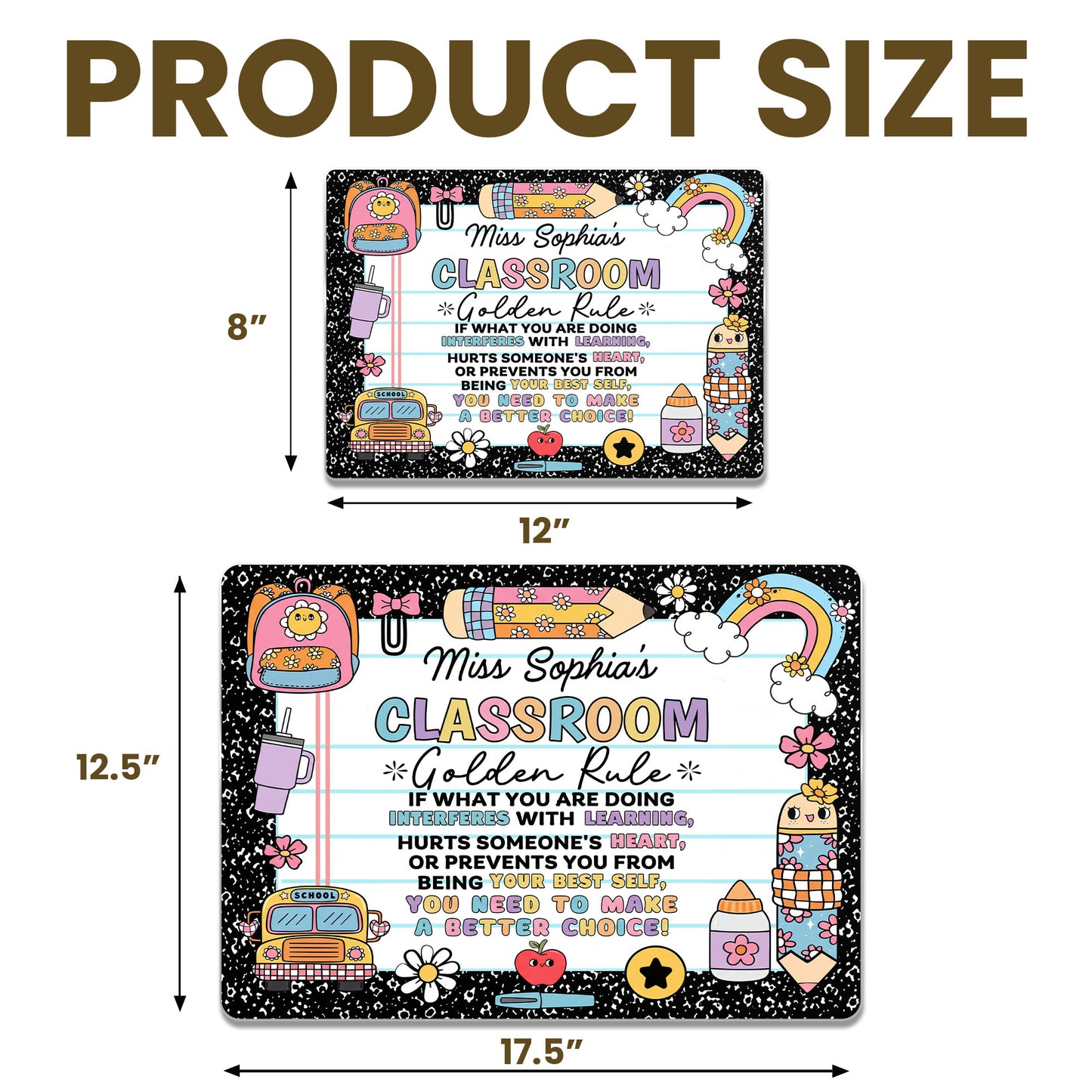 My Classroom Golden Rule With School Bus And Rainbow Decor - Personalized Metal Sign - TEACH263_MSIGN