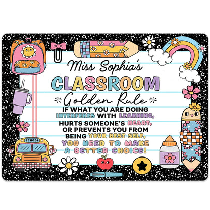 My Classroom Golden Rule With School Bus And Rainbow Decor - Personalized Metal Sign - TEACH263_MSIGN