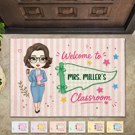 Welcome To My Classroom Teacher Pennant Flag And Stars - Personalized Custom Doormat - TEACH321_DRM