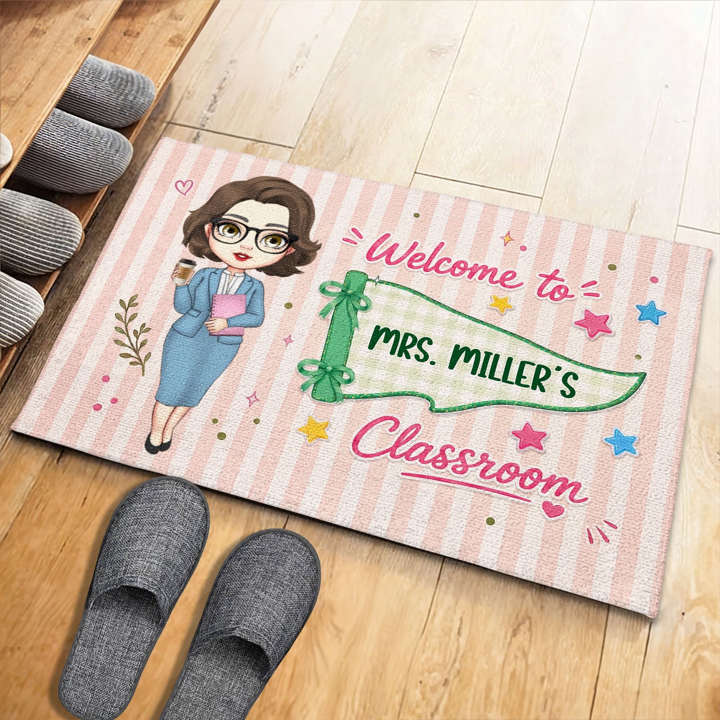 Welcome To My Classroom Teacher Pennant Flag And Stars - Personalized Custom Doormat - TEACH321_DRM