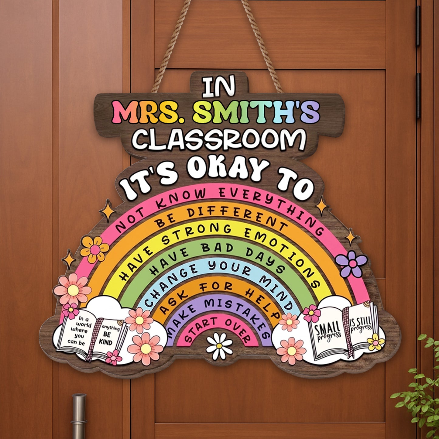 In My Classroom It's Okay To Rainbow Flowers Books - Personalized Custom Shaped Wood Sign - TEACH363_WSIGN