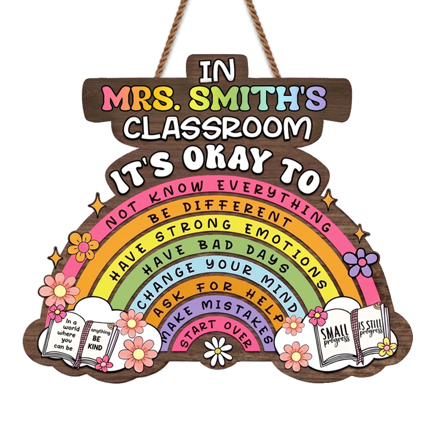 In My Classroom It's Okay To Rainbow Flowers Books - Personalized Custom Shaped Wood Sign - TEACH363_WSIGN