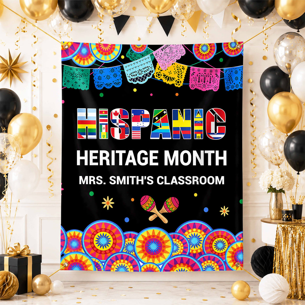 Hispanic Heritage Month My Classroom With Flags And Maracas - Personalized Backdrop - TEACH419_BADRO