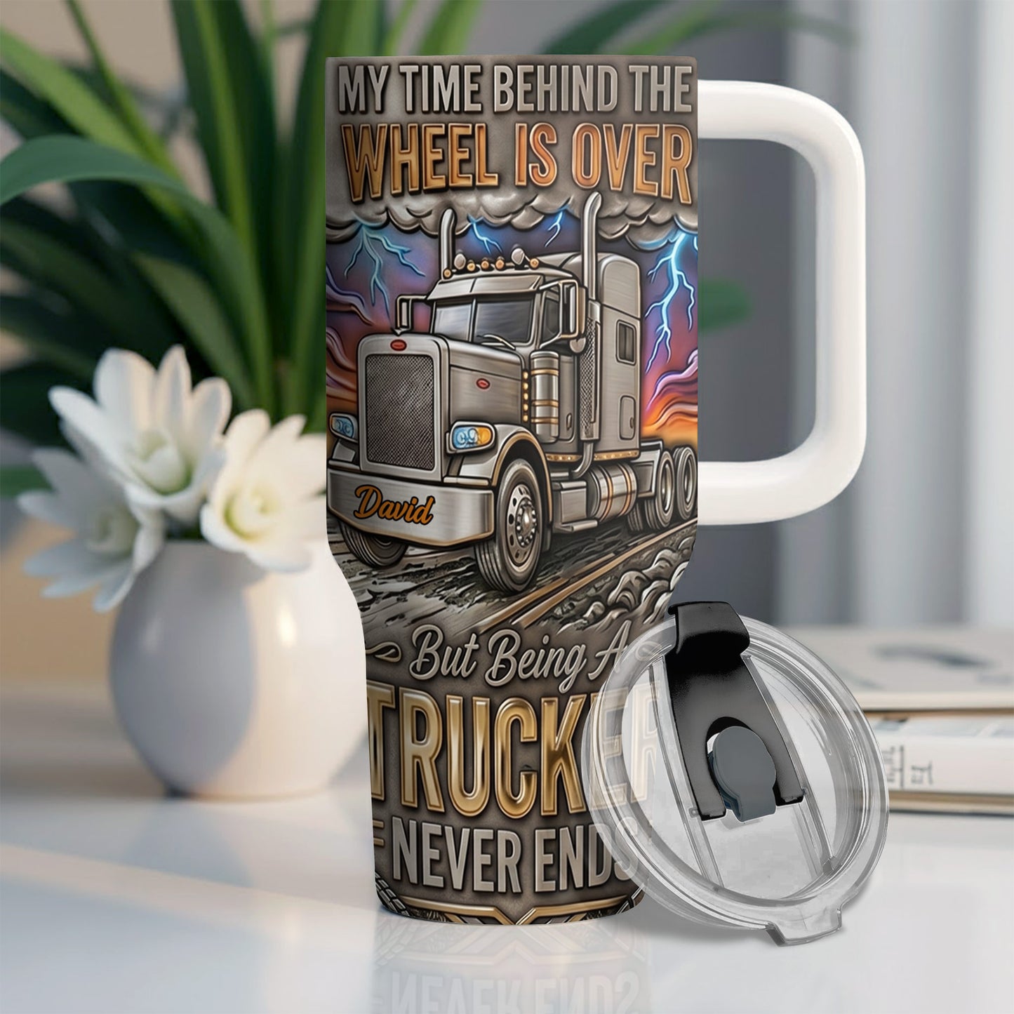 My Time Behind The Wheels Is Over Trucker Never Ends With Semi Truck - Personalized 40oz Tumbler With Straw - TRUCK014_TBS