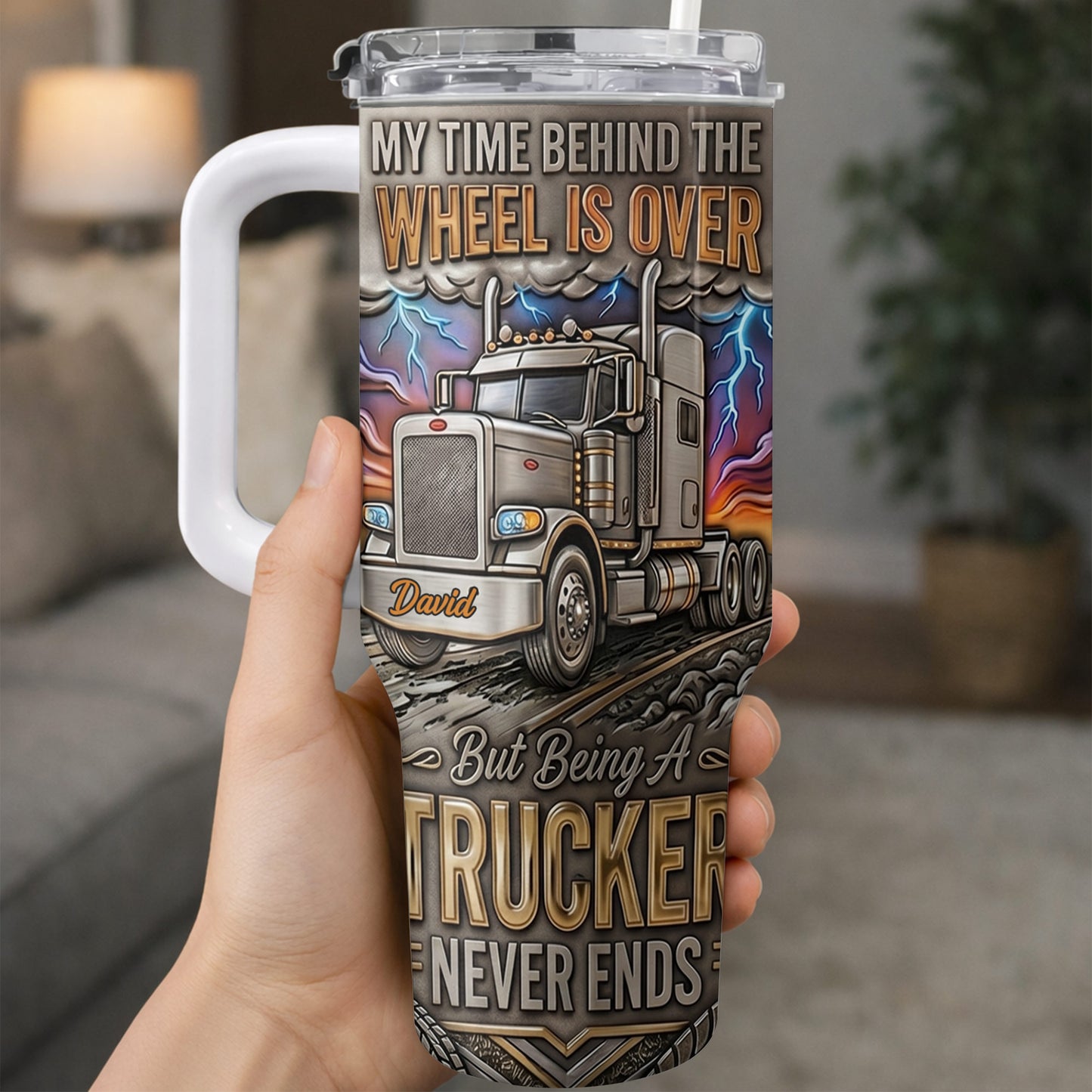 My Time Behind The Wheels Is Over Trucker Never Ends With Semi Truck - Personalized 40oz Tumbler With Straw - TRUCK014_TBS