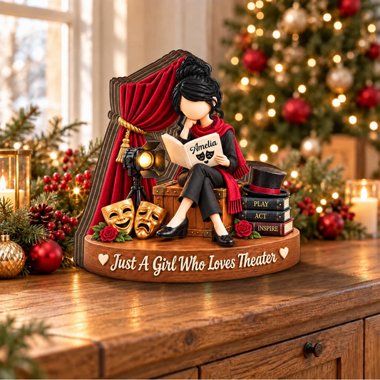 Just A Girl Who Loves Theater Drama Masks And Red Curtain Design - Personalized Wooden Block - JBS401_WOBLO
