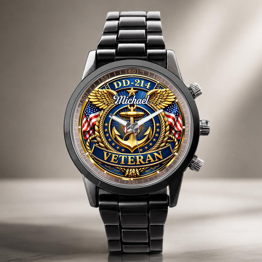 DD-214 Veteran US Navy Anchor And Wings Design - Personalized Custom Men's Watch - VTR025_CUMWA