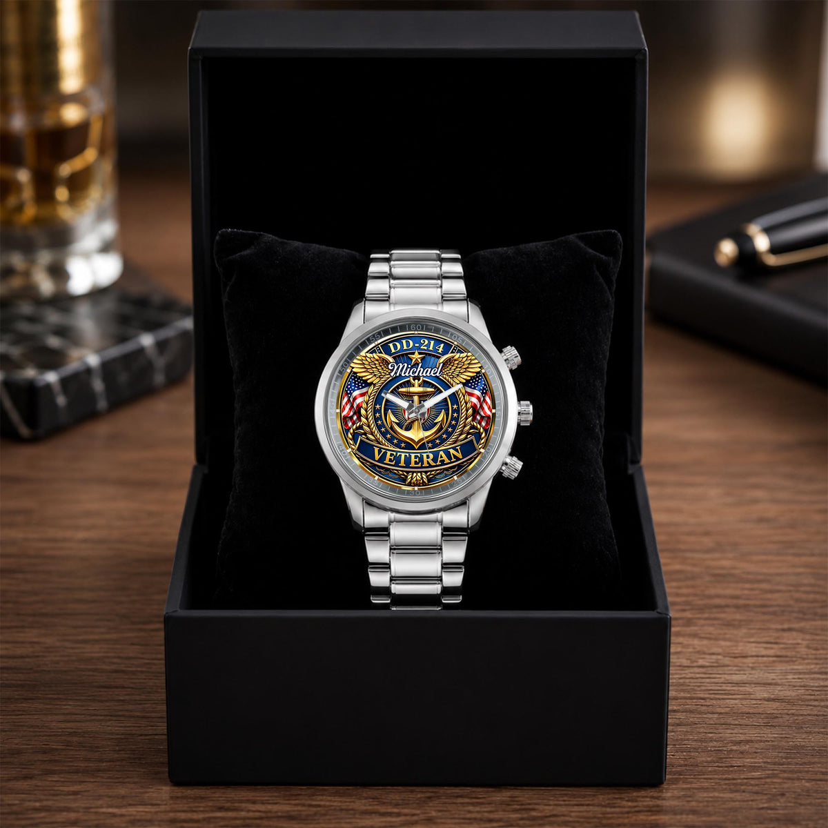 DD-214 Veteran US Navy Anchor And Wings Design - Personalized Custom Men's Watch - VTR025_CUMWA