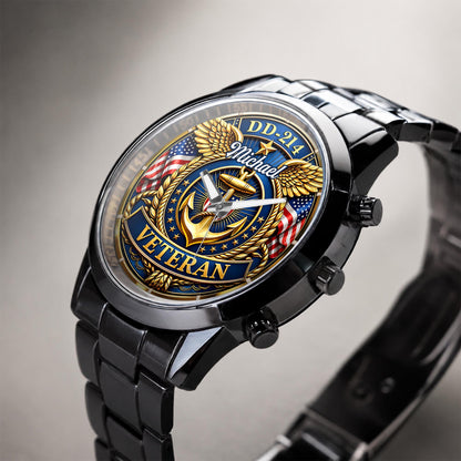 DD-214 Veteran US Navy Anchor And Wings Design - Personalized Custom Men's Watch - VTR025_CUMWA