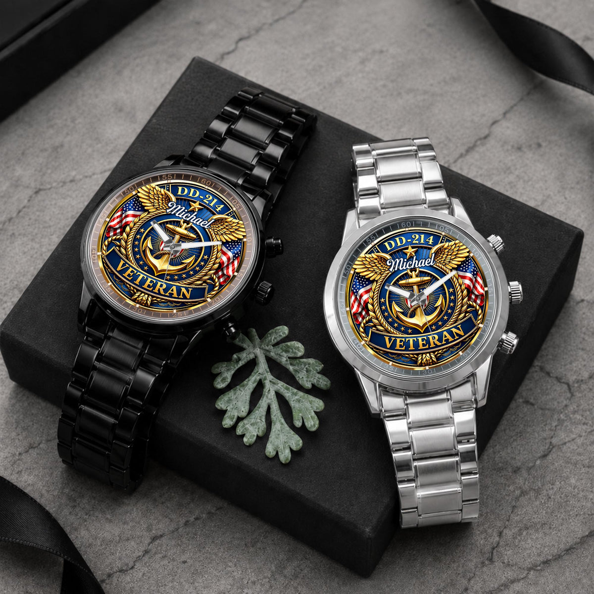 DD-214 Veteran US Navy Anchor And Wings Design - Personalized Custom Men's Watch - VTR025_CUMWA