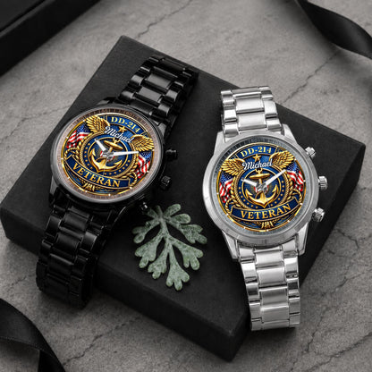 DD-214 Veteran US Navy Anchor And Wings Design - Personalized Custom Men's Watch - VTR025_CUMWA