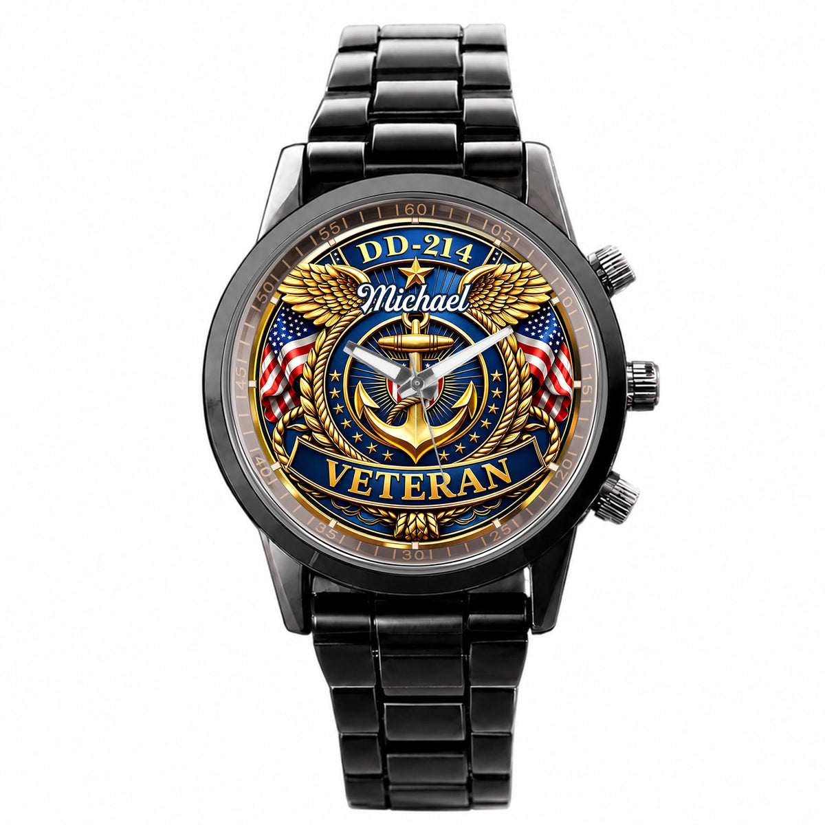 DD-214 Veteran US Navy Anchor And Wings Design - Personalized Custom Men's Watch - VTR025_CUMWA