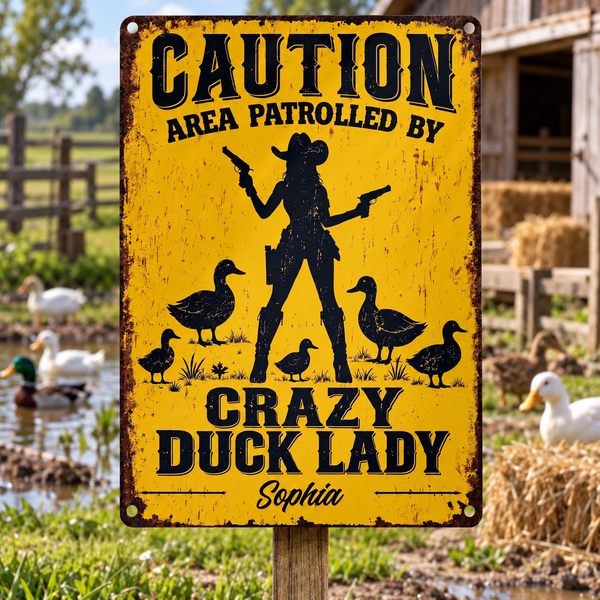 Caution Area Patrolled By Crazy Duck Lady Western Cowgirl With Ducks - Personalized Metal Sign - FARM203_MSIGN