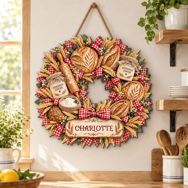 Sourdough Starter Bread Baker Wreath With Wheat And Rolling Pin - Personalized Custom Shaped Wood Sign - BAKE158_WSIGN