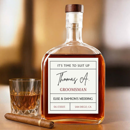 It's Time To Suit Up Groomsman Whiskey Bottle