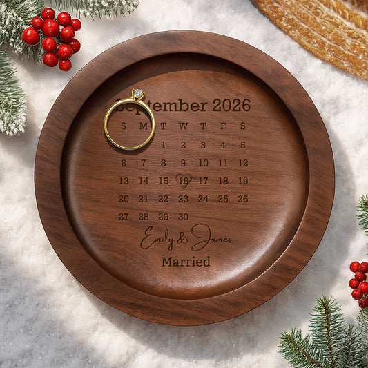 Married Custom Calendar Heart Personalized Round Wood Ring Dish - Personalized Round Wood Ring Dish - WEDD023_RWOD