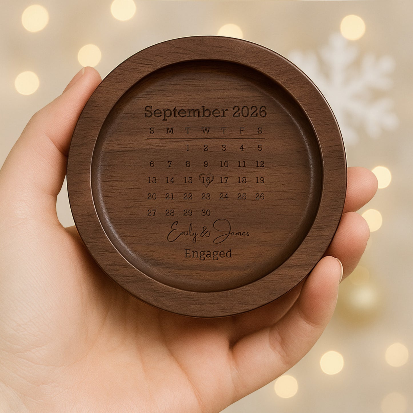Married Custom Calendar Heart Personalized Round Wood Ring Dish - Personalized Round Wood Ring Dish - WEDD023_RWOD