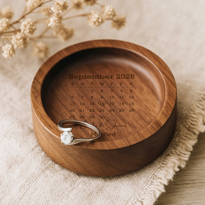 Married Custom Calendar Heart Personalized Round Wood Ring Dish - Personalized Round Wood Ring Dish - WEDD023_RWOD