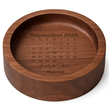 Married Custom Calendar Heart Personalized Round Wood Ring Dish - Personalized Round Wood Ring Dish - WEDD023_RWOD