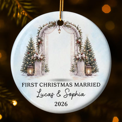 First Christmas Married Bride And Groom With Wedding Arch - Personalized Custom Ceramic Ornament With Round Shape - WEDD047_RCE
