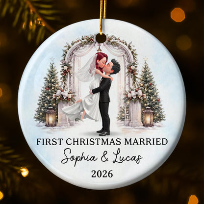 First Christmas Married Bride And Groom With Wedding Arch - Personalized Custom Ceramic Ornament With Round Shape - WEDD047_RCE