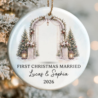 First Christmas Married Bride And Groom With Wedding Arch - Personalized Custom Ceramic Ornament With Round Shape - WEDD047_RCE