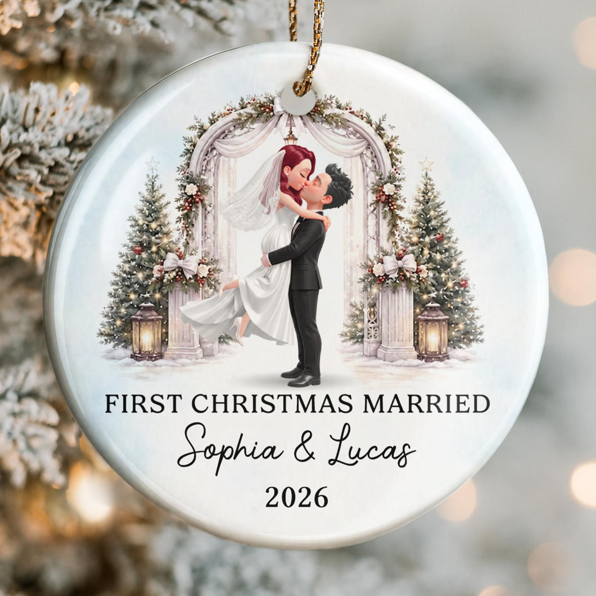 First Christmas Married Bride And Groom With Wedding Arch - Personalized Custom Ceramic Ornament With Round Shape - WEDD047_RCE