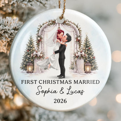 First Christmas Married Bride And Groom With Wedding Arch - Personalized Custom Ceramic Ornament With Round Shape - WEDD047_RCE