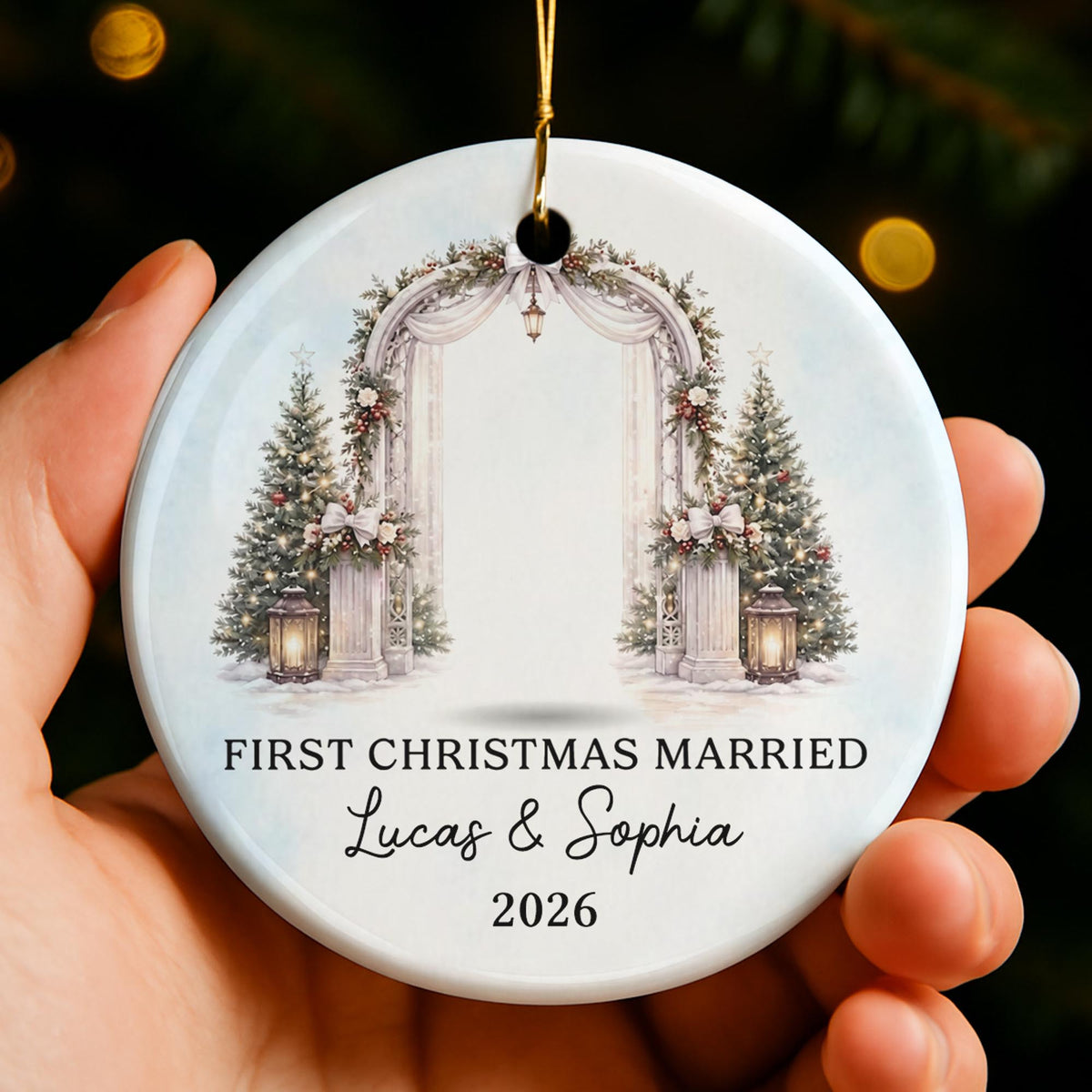 First Christmas Married Bride And Groom With Wedding Arch - Personalized Custom Ceramic Ornament With Round Shape - WEDD047_RCE