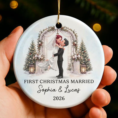 First Christmas Married Bride And Groom With Wedding Arch - Personalized Custom Ceramic Ornament With Round Shape - WEDD047_RCE