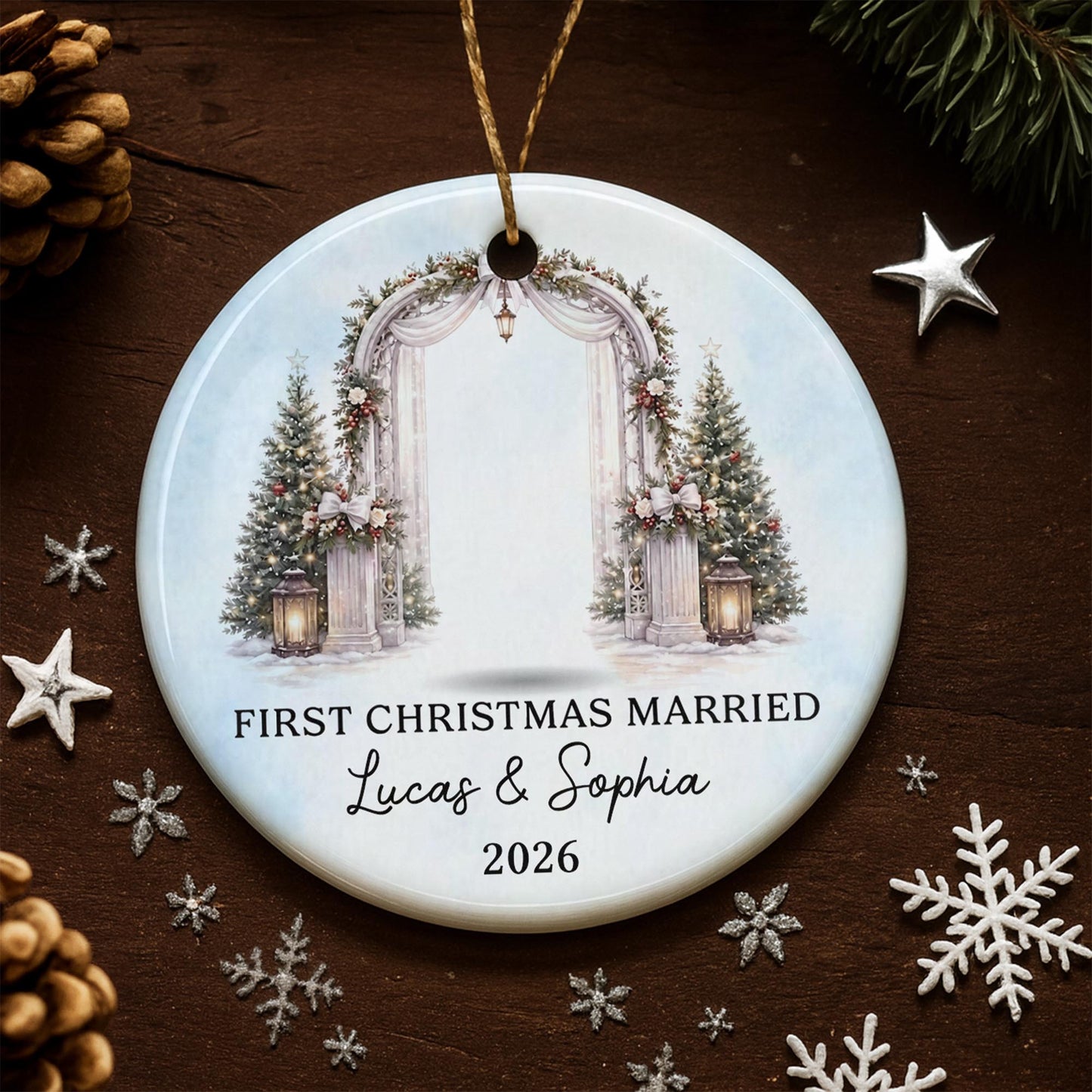 First Christmas Married Bride And Groom With Wedding Arch - Personalized Custom Ceramic Ornament With Round Shape - WEDD047_RCE