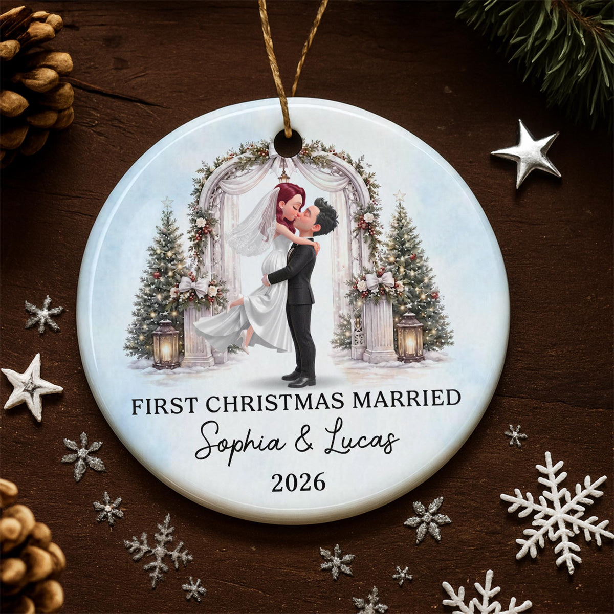 First Christmas Married Bride And Groom With Wedding Arch - Personalized Custom Ceramic Ornament With Round Shape - WEDD047_RCE