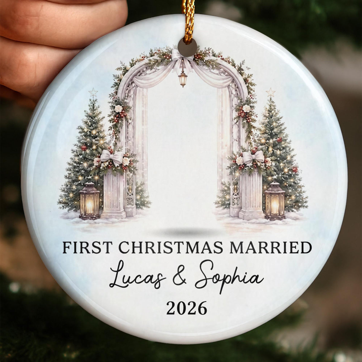 First Christmas Married Bride And Groom With Wedding Arch - Personalized Custom Ceramic Ornament With Round Shape - WEDD047_RCE