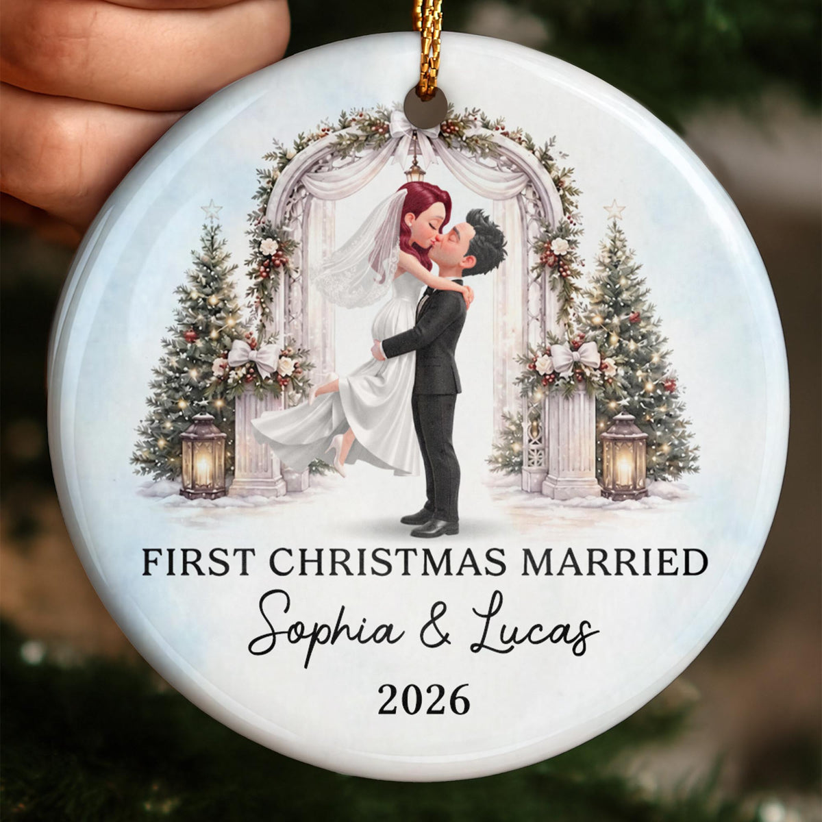 First Christmas Married Bride And Groom With Wedding Arch - Personalized Custom Ceramic Ornament With Round Shape - WEDD047_RCE