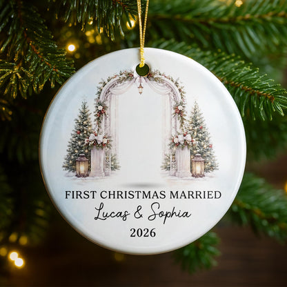 First Christmas Married Bride And Groom With Wedding Arch - Personalized Custom Ceramic Ornament With Round Shape - WEDD047_RCE