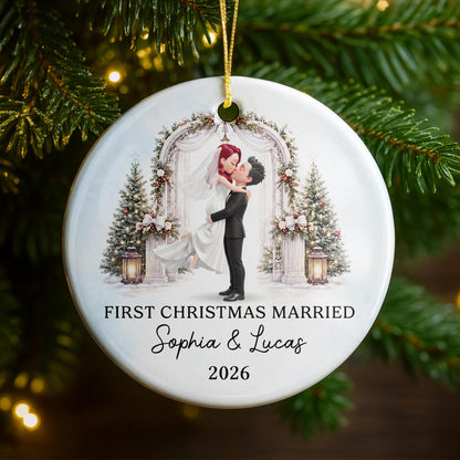 First Christmas Married Bride And Groom With Wedding Arch - Personalized Custom Ceramic Ornament With Round Shape - WEDD047_RCE