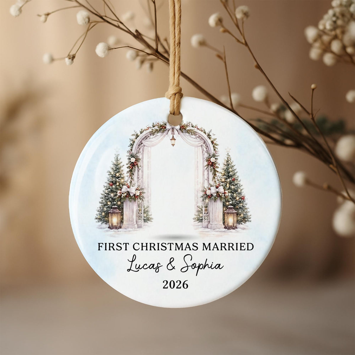 First Christmas Married Bride And Groom With Wedding Arch - Personalized Custom Ceramic Ornament With Round Shape - WEDD047_RCE