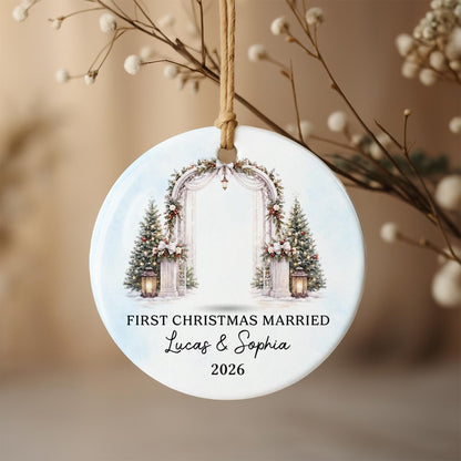 First Christmas Married Bride And Groom With Wedding Arch - Personalized Custom Ceramic Ornament With Round Shape - WEDD047_RCE