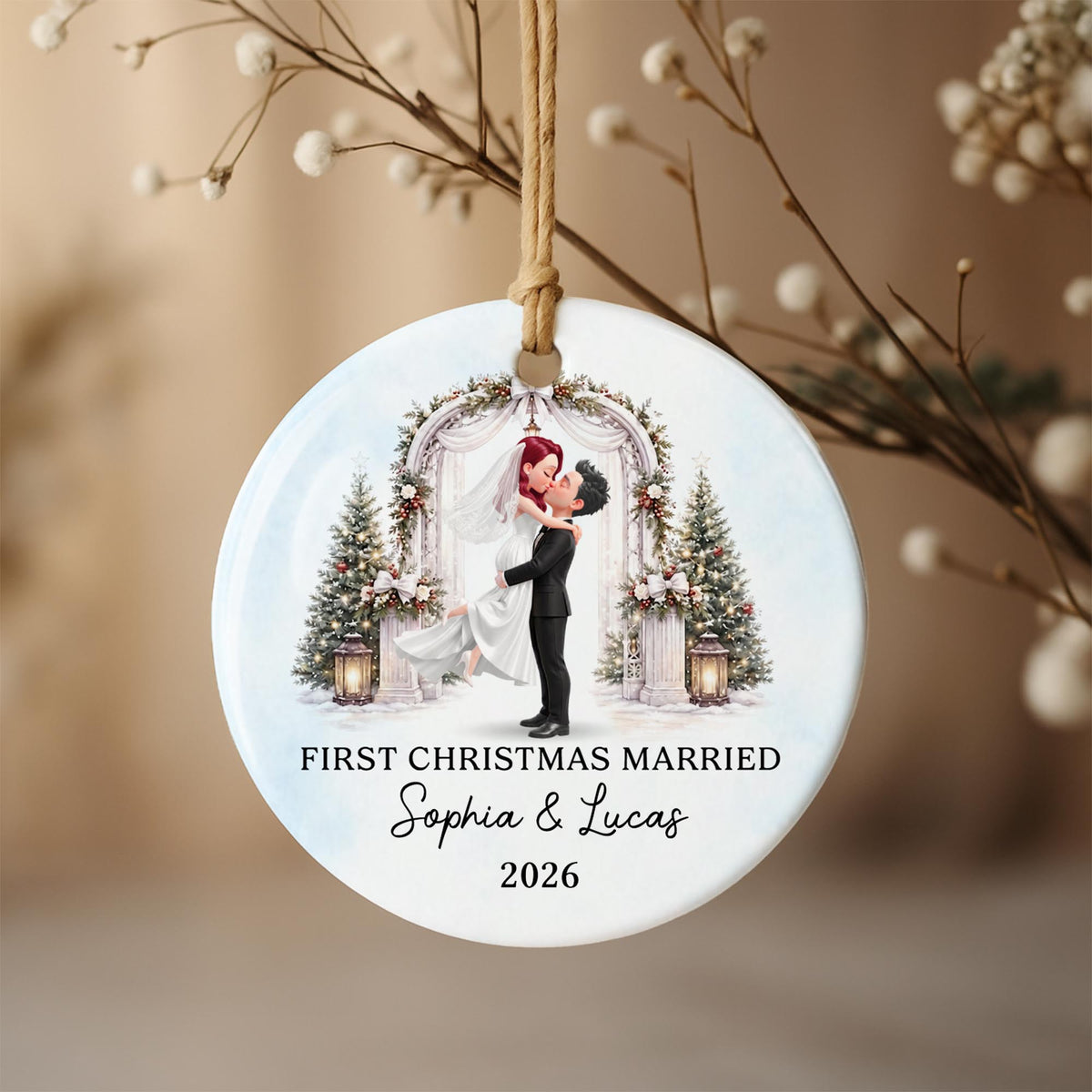 First Christmas Married Bride And Groom With Wedding Arch - Personalized Custom Ceramic Ornament With Round Shape - WEDD047_RCE